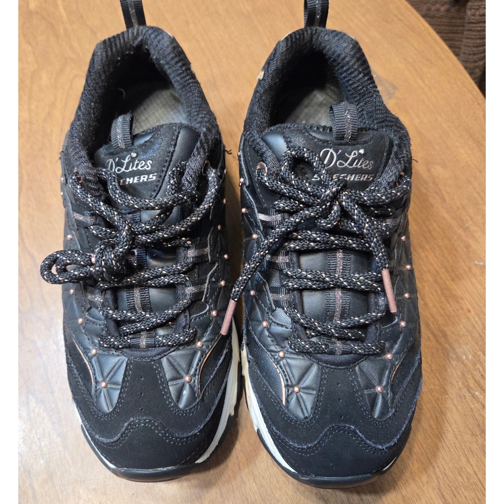 Skechers D'Lites Size 6.5 Black Gold Leather Comfort Walking Sneakers Shoes